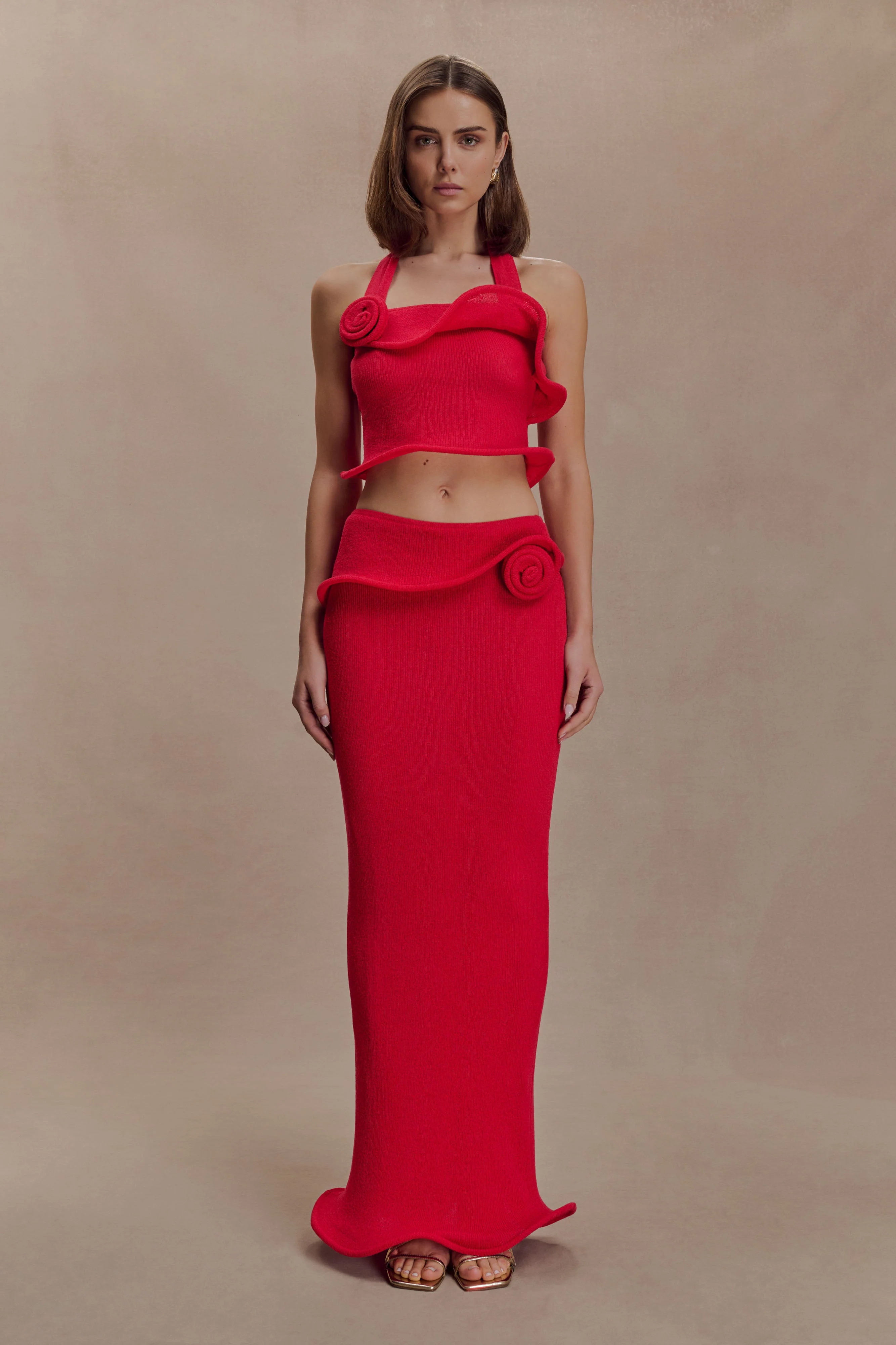 Samira Knit Wired Maxi Skirt - Red | Meshki UK