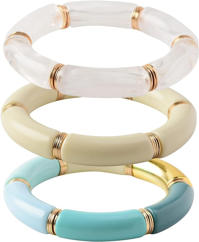 GOOJIDS Bamboo Tube Bangles Bracelet Chunky Curved Stacking Clear Acrylic Colorful Beads Stretcha... | Amazon (US)