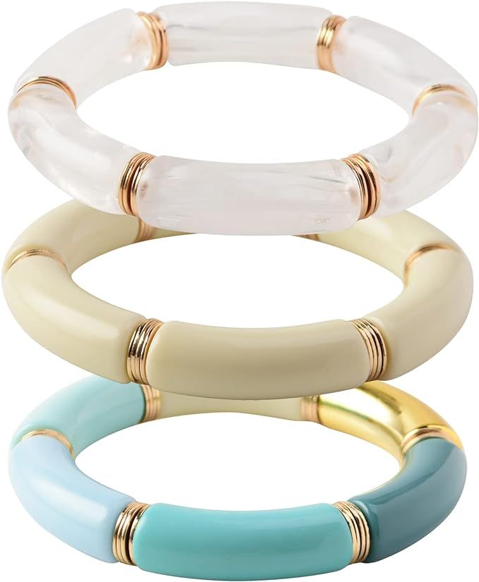 GOOJIDS Women's 14K Brass Bracelet, Bamboo Tube Chunky Curved Stacking Clear Acrylic Colorful Bea... | Amazon (US)