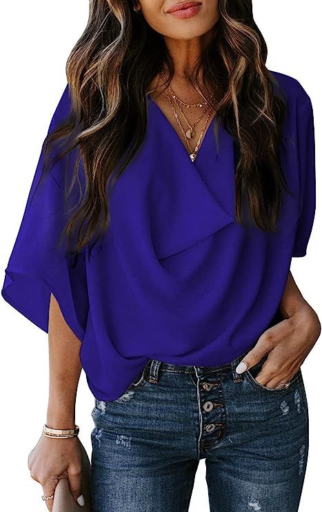 HOTAPEI Womens Blouses and Tops for Work Fashion 2020 Casual Summer Short Sleeve Wrap V Neck Drap... | Amazon (US)