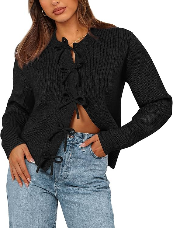 BTFBM Cardigan Sweaters for Women Trendy 2024 Fall Open Front Long Sleeve Button Down Bow Knot Cr... | Amazon (US)