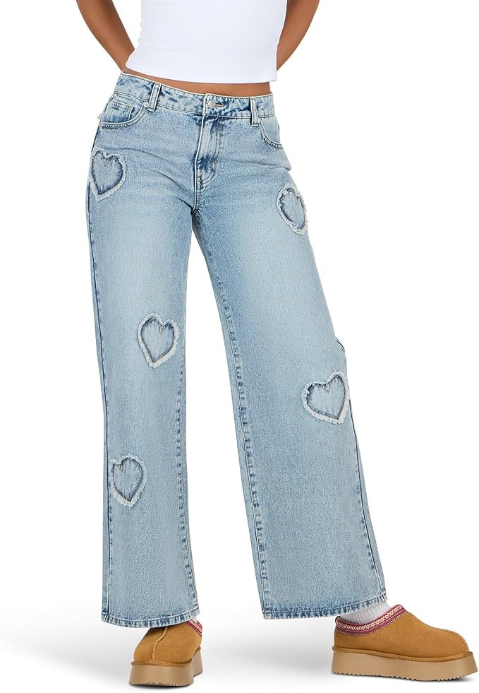 Forever 21 Women’s Low Waist Wide Leg Denim Jeans with Heart Patch Details | Amazon (US)
