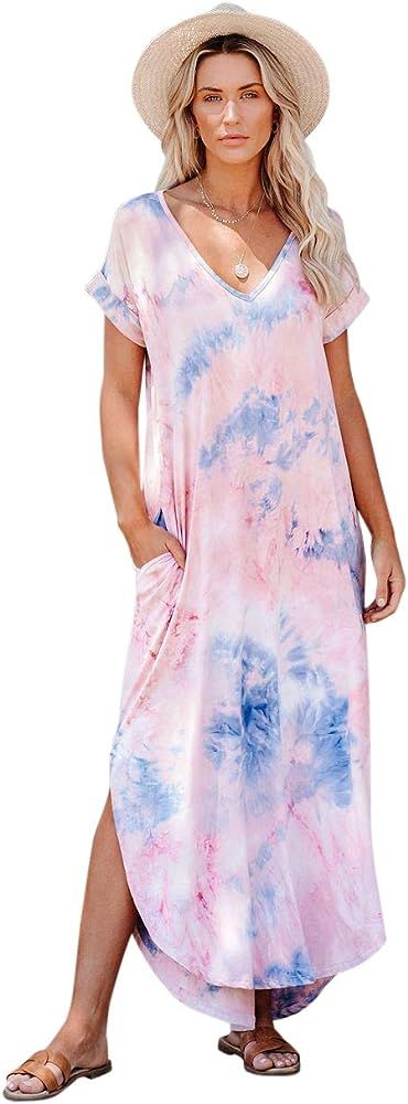 Women's Casual Short Sleeve V Neck Dress Tie Dye Side Split Maxi Long Dresses with Pockets | Amazon (US)