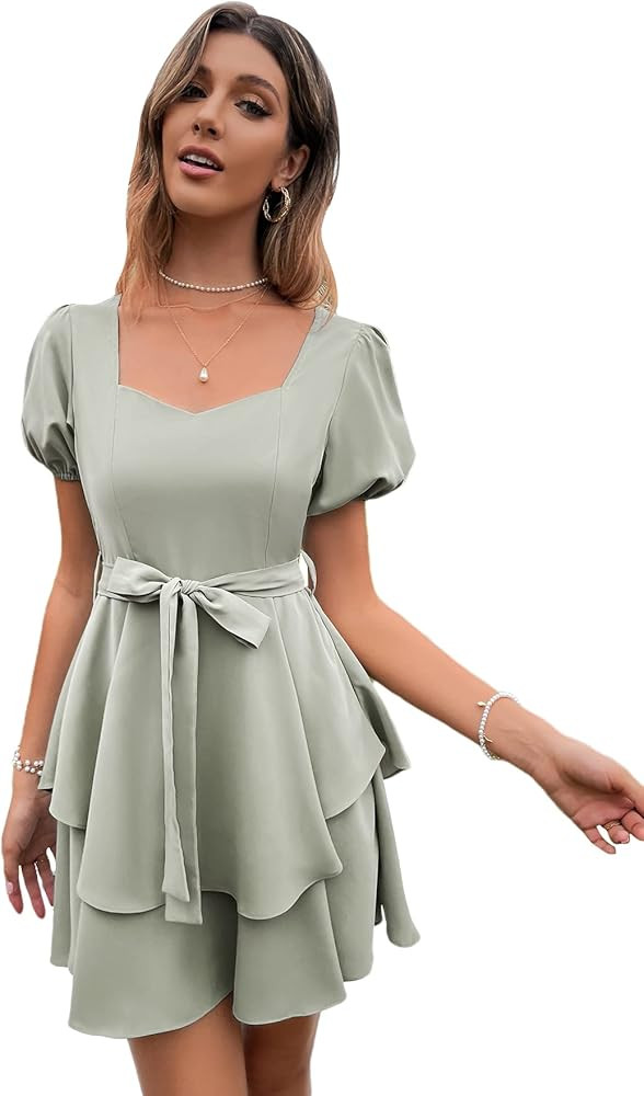 WDIRARA Women's V Neck Puff Short Sleeve Layered Ruffle Hem Belted Dress | Amazon (US)