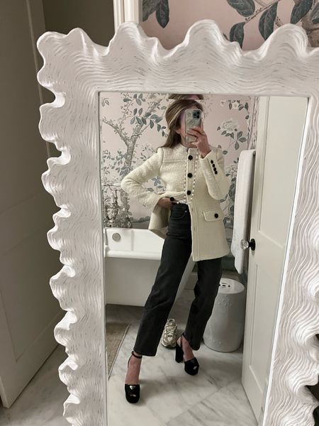 This jacket! Chic for dinner and daytime too. Wearing size 0, took the belt off! 

Jeans are 24 regular! 27 inch inseam, on major sale. Search my LTK shop with the word Everlane to get ideas on how to style - I have worn these SO much! 

#LTKworkwear #LTKstyletip