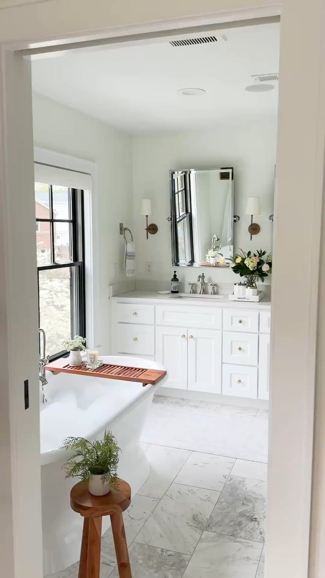 White, marble, brass and polished nickel mixed metal bathroom design with washable runner, primary bathroom 

#LTKStyleTip #LTKHome #LTKFindsUnder100