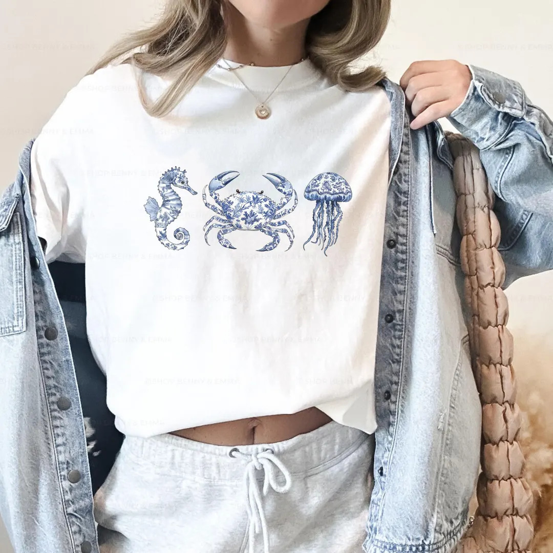 Fisherman Aesthetic Crab Seahorse Jellyfish Shirt Coquette Chinoiserie Ocean Inspired Style Coast... | Etsy (US)