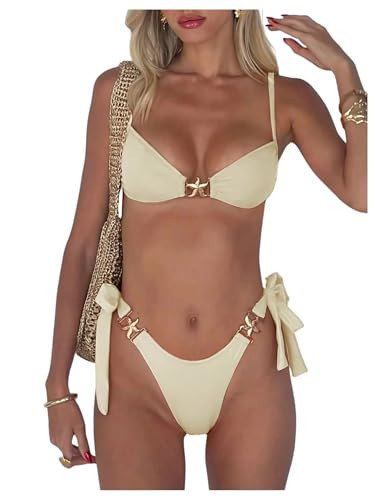 SOLY HUX Women's Bathing Suit Ring Linked High Cut String Bikini Set Tie Side Thong Two Piece Swimsuit Plain White Small | Amazon (US)