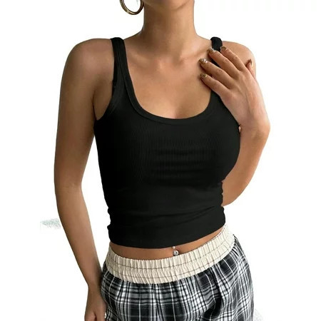 Casual Solid Scoop Neck Tank Black Women Tank Tops & Camis (Women s) | Walmart (US)