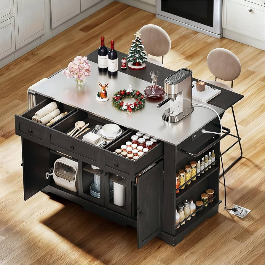 DWVO Kitchen Island w Stainless Steel Top Drop Leaf Bar Seating Power Outlet, 60" Large Rolling Mobile Center Islands w Folding Dropleaf Storage Drawer Cabinet Wheel Counter Height Metal Top, Black | Amazon (US)