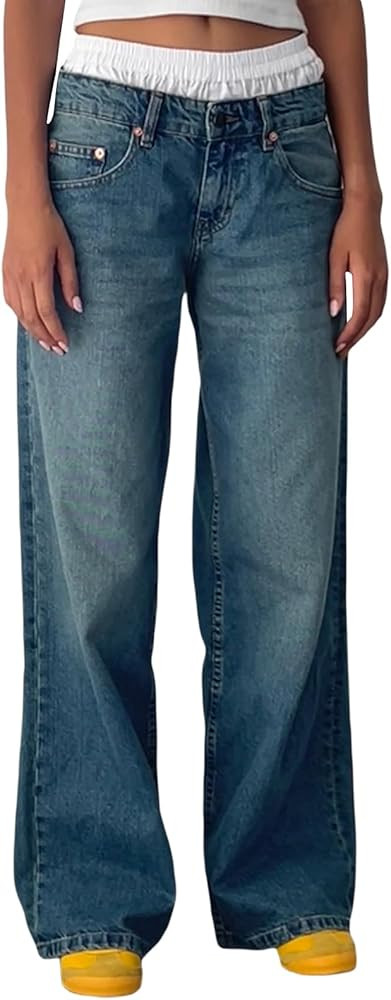 Women Y2k Low Rise Baggy Jeans Loose Fit Boyfriend Straight Wide Leg Jeans Trendy Stretch Long De... | Amazon (US)