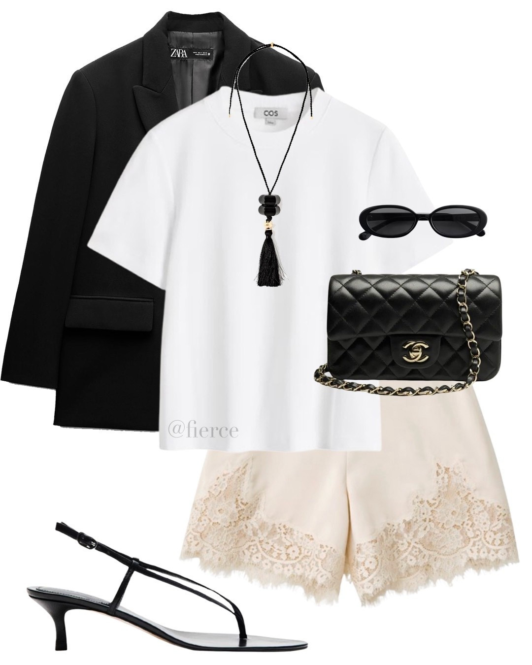 Black blazer lace shorts black Chanel flap bag white tshirt black minimal sandals chic outfit date night look 

#LTKuk #LTKsummer #LTKspring