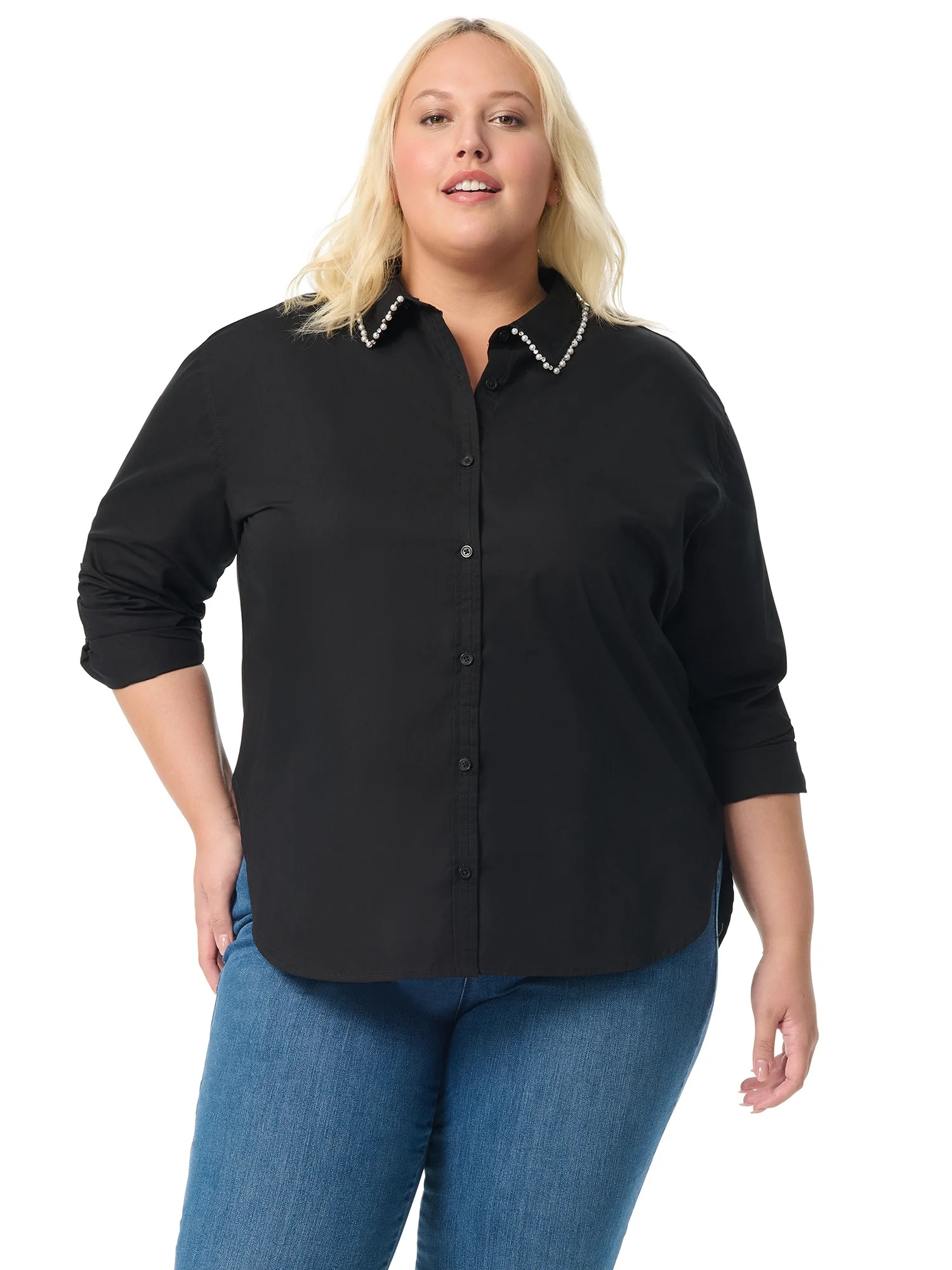 Gloria Vanderbilt Swan Series Women's Plus Amanda Shirt with Embellished Collar, Sizes 0X-4X | Walmart (US)