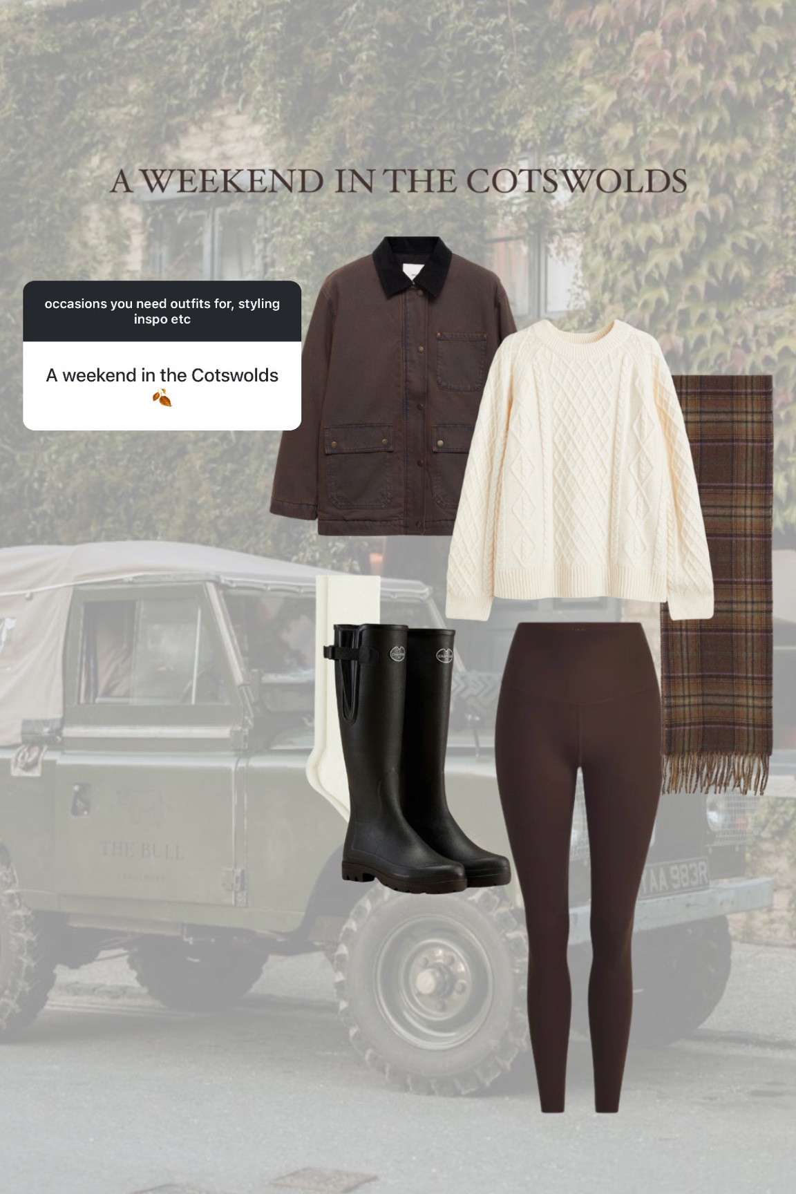 cotswolds outfit, countryside outfit, country outfit inspo, wax jacket outfit, mango jacket, H&M cable knit, black wellies, brown adanola leggings, checked scarf, ralph Lauren scarf 

#LTKautumn #LTKuk #LTKeurope