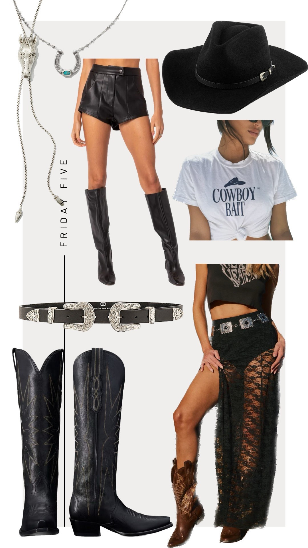 Friday Five: Stagecoach Edition (4-18-25) 

1. Tecovas Loretta Boots
2. Lace Maxi Skirt 
3. Double Buckle Belt
4. Leather Micro Shorts 
5. Gigi Pip Dean Western Hat - Code: Kristin15 
6. Cowboy Bait Tee - (not linked - from Los Sundays Tequilia) 
7. Kendra Scott Necklaces 



#LTKShoeCrush #LTKStyleTip #LTKFestival