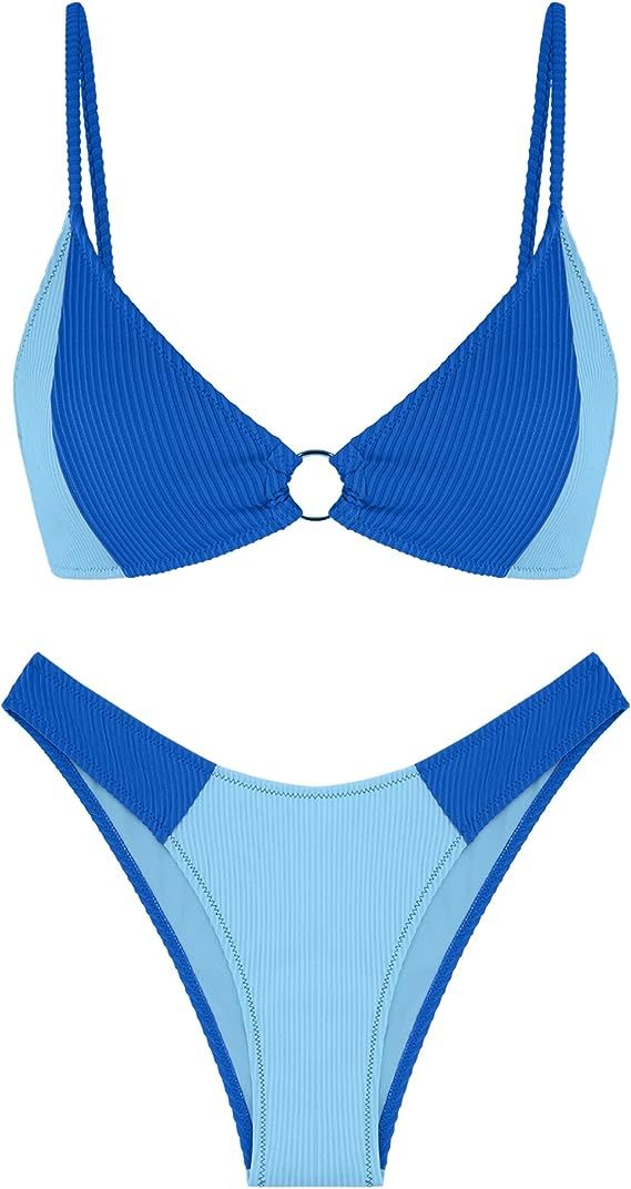 ZAFUL Womens Ribbed O-Ring Bikini High Cut Swimsuit Color Block Two Piece Swimwear Thong Bathing ... | Amazon (US)