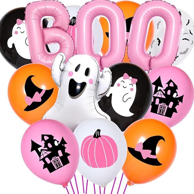 50 Pcs Halloween Pink Balloons Decorations - Halloween Pink BOO Foil Balloons Cute Ghost Latex Ba... | Amazon (US)