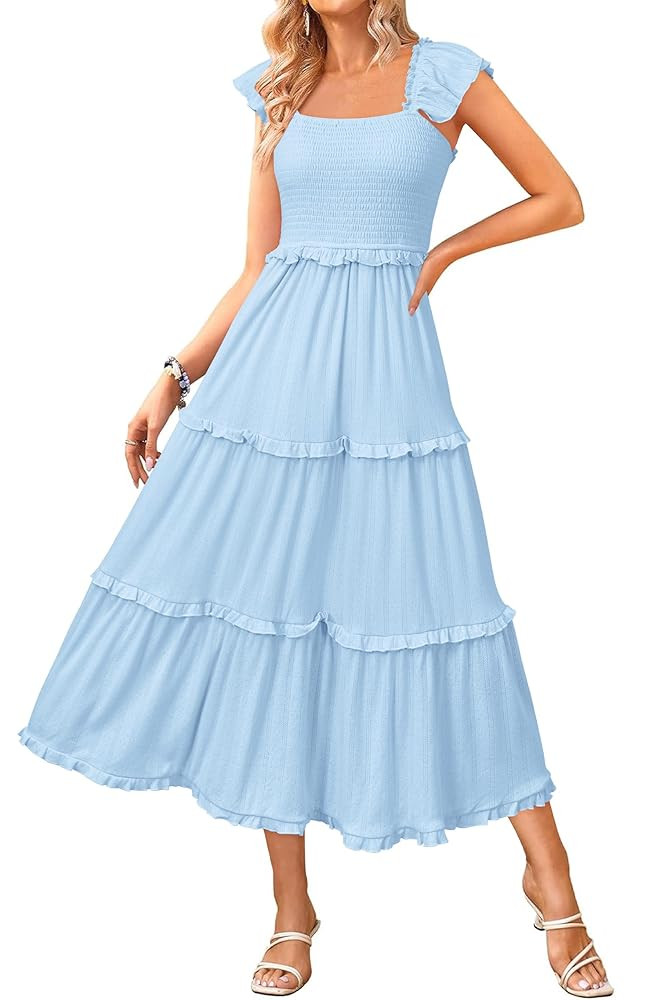 Newshows Women's 2025 Summer Wedding Guest Dress Ruffle Sleeve Smocked Square Neck Long Flowy Tie... | Amazon (US)