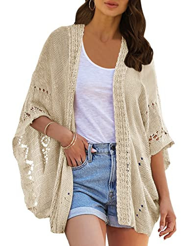 Ermonn Womens Lightweight Summer Kimono Cardigan Sweaters Open Front Half Sleeve Boho Soft Outerwear Beige | Amazon (US)