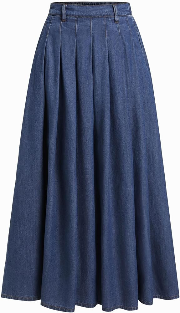 CIDER Womens Jean Skirts Long Denim Pleated A Line High Waisted Skirt with Pockets | Amazon (US)
