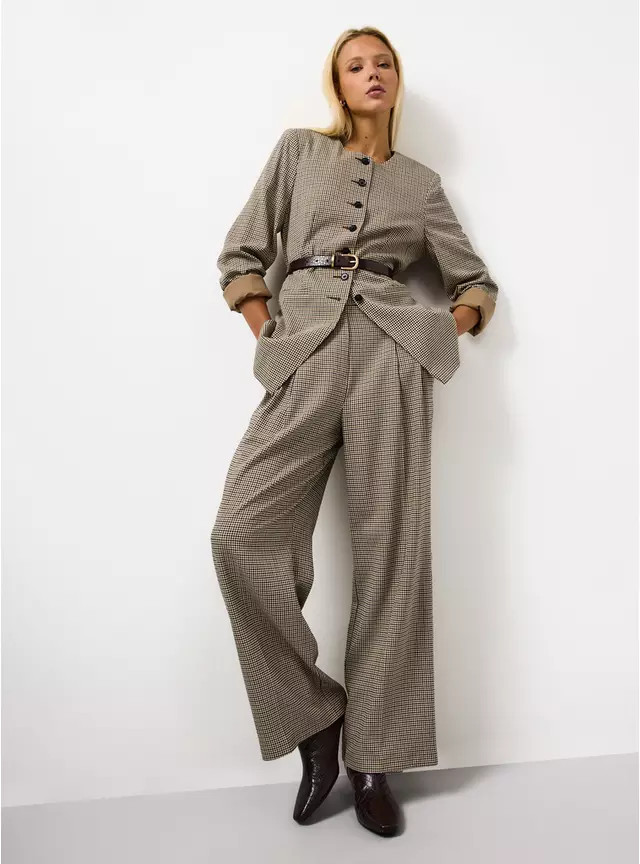 Brown Dogtooth Printed Ultra Wide Leg Trousers  14S | Tu Clothing