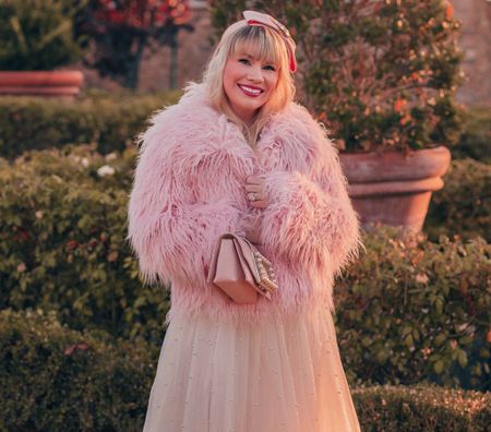 Pink faux fur coat with Ivy city pearl dress - holiday outfit idea. 

#LTKSeasonal #LTKstyletip #LTKHoliday