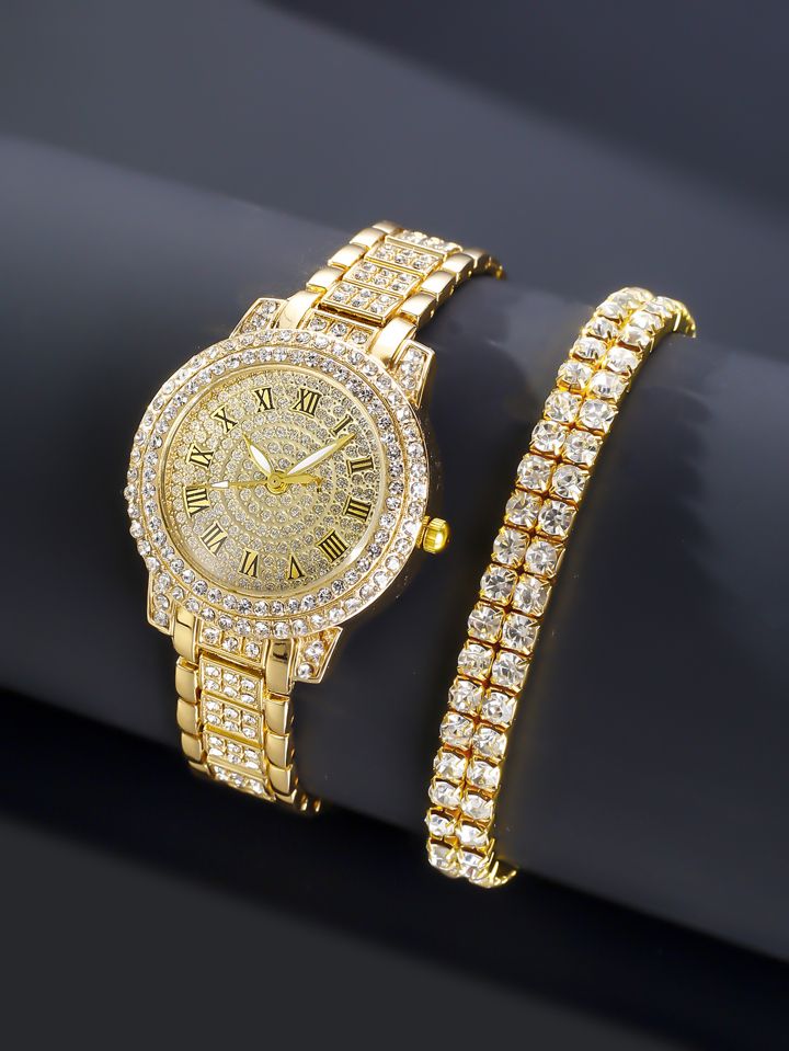 1pc Women Gold Rhinestone Decor Zinc Alloy Strap Glamorous Round Dial Quartz Watch & 1pc Bangle, ... | SHEIN