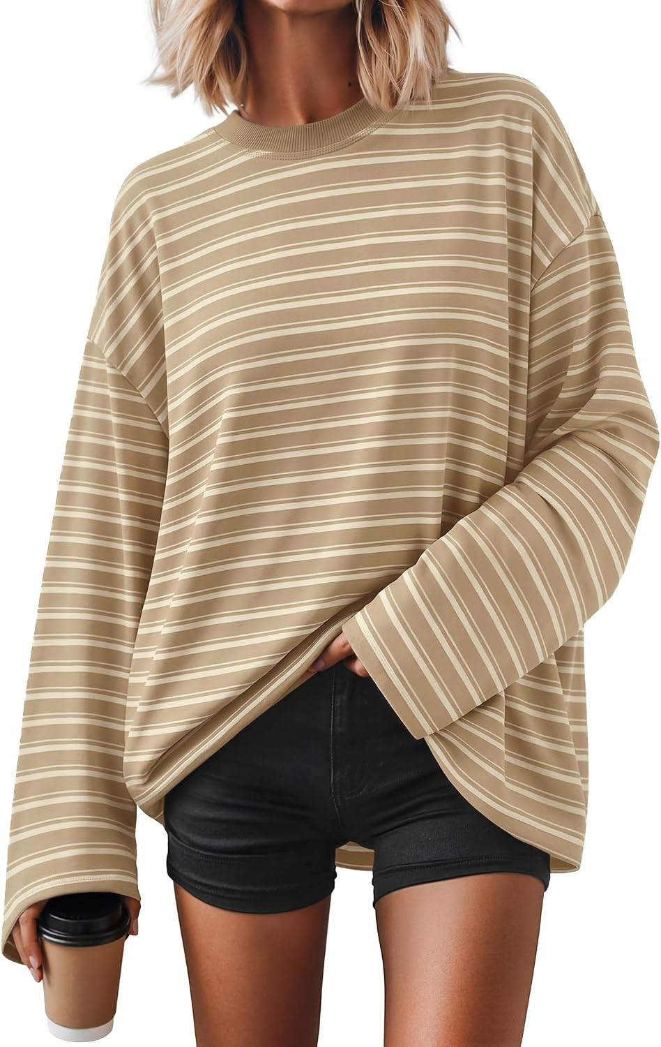 ZESICA Womens Striped Oversized Fall Long Sleeve T-Shirts Y2K Going Out Top | Amazon (US)