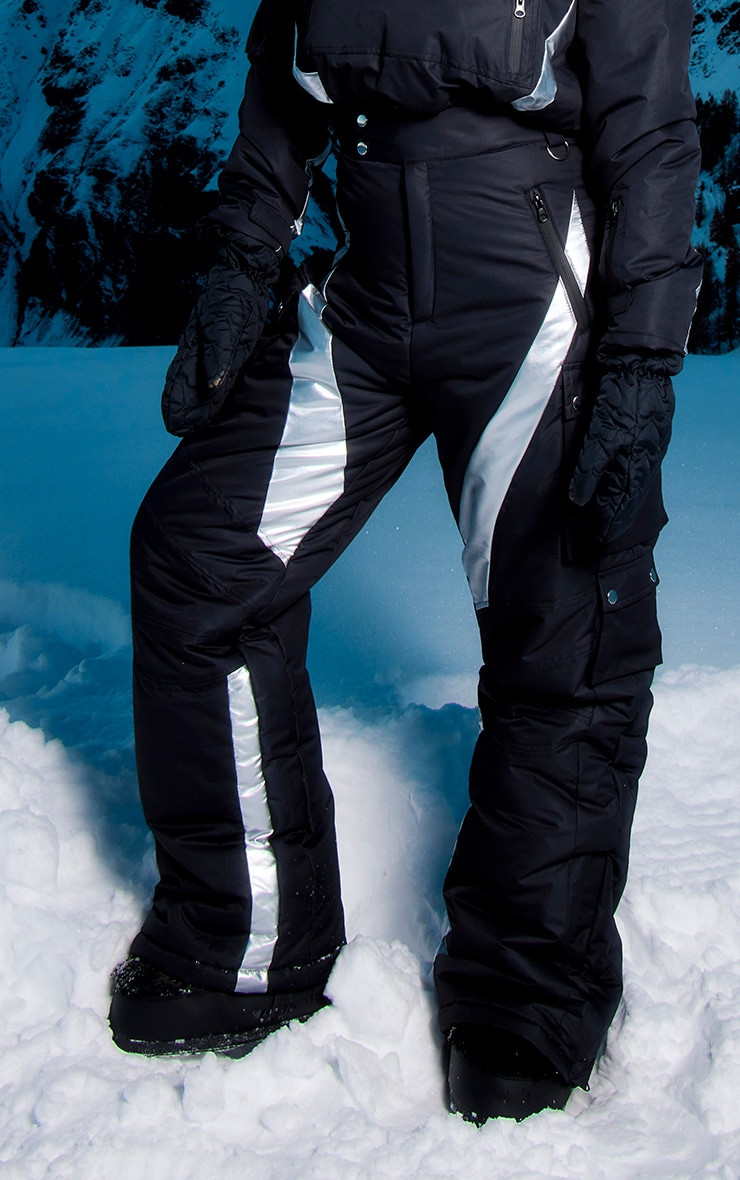 PRETTYLITTLETHING SKI Black Reflective Panel Cargo Wide Leg Pants | PrettyLittleThing US