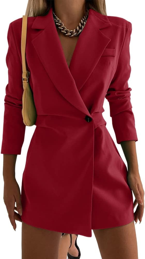 Hdieso Women's Elegant Blazers Dress Long Sleeve Button Down Solid Color Work Office Jackets Long... | Amazon (US)