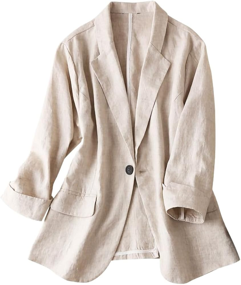 IDEALSANXUN Womens Linen Blazer Notch Lapel One Button Suit Coat Jackets | Amazon (US)