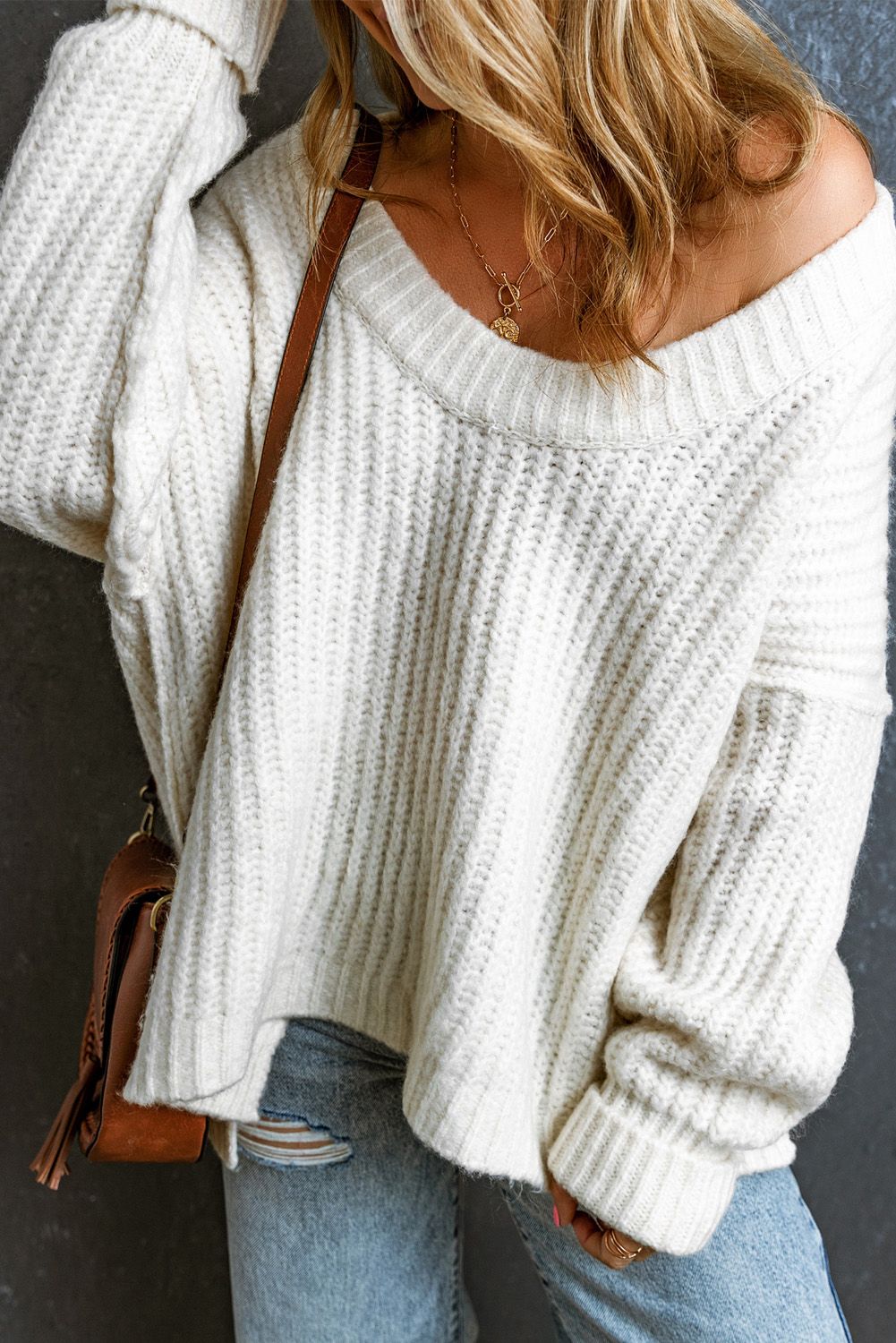 White Ribbed Knit Round Neck Slouchy Chunky Sweater | Shewin