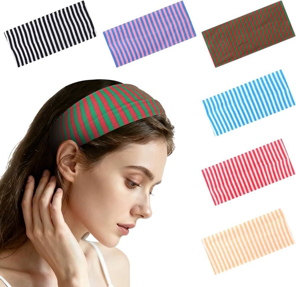 6pcs Striped Headbands Stretchy Wide Headbands Non Slip Thick Hair Wraps Elastic Hair Bands Fabri... | Amazon (US)