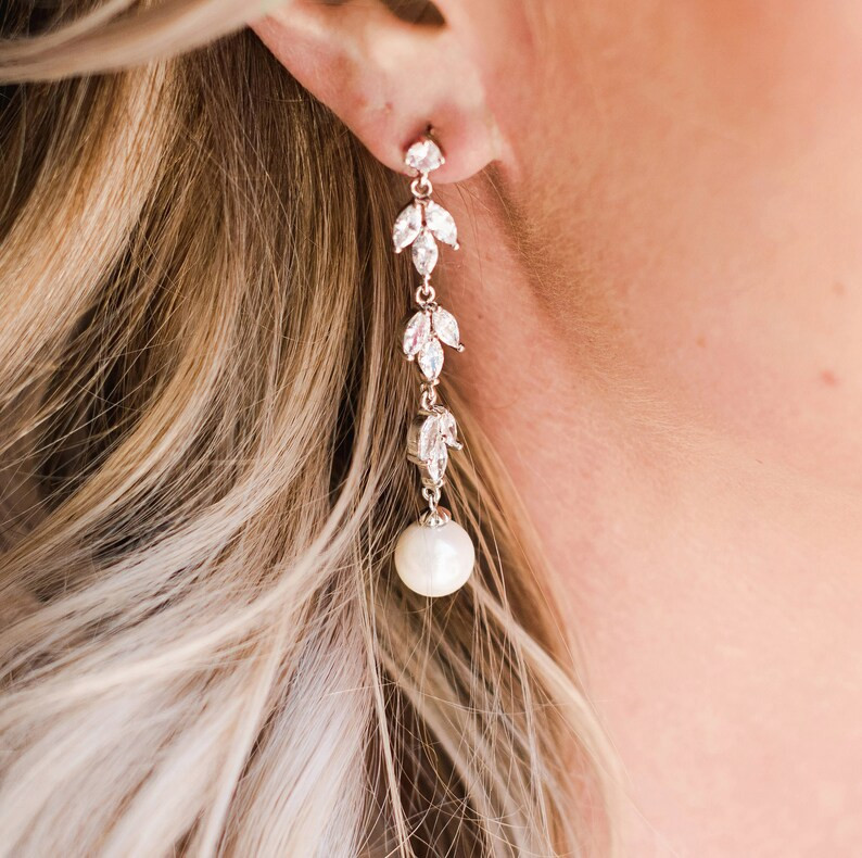 Bridal Pearl Earrings , Bridesmaid Earrings , Drop Earrings , Rose Gold Wedding Earrings , Leaf D... | Etsy (US)