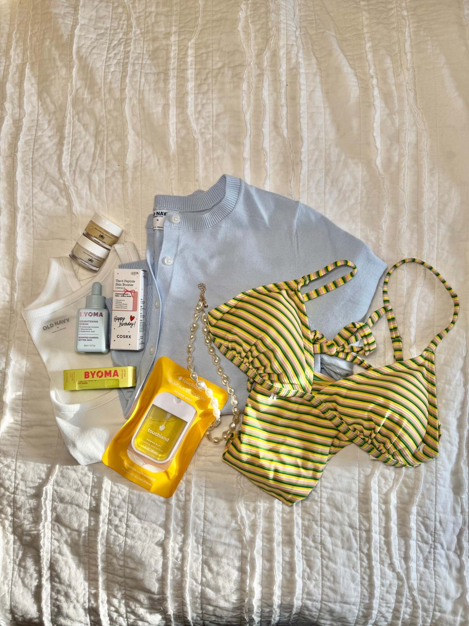 spring haul! 
old navy cardigan, tank
hurley bikini - can’t find the exact one because it’s marshall’s but i linked a similar aerie one!l that I have!
ulta items - trying byoma for the first time!
touchland hand sanitizer!
alo mini set - magic balm and scrub

#LTKFindsUnder50 #LTKStyleTip #LTKPetite