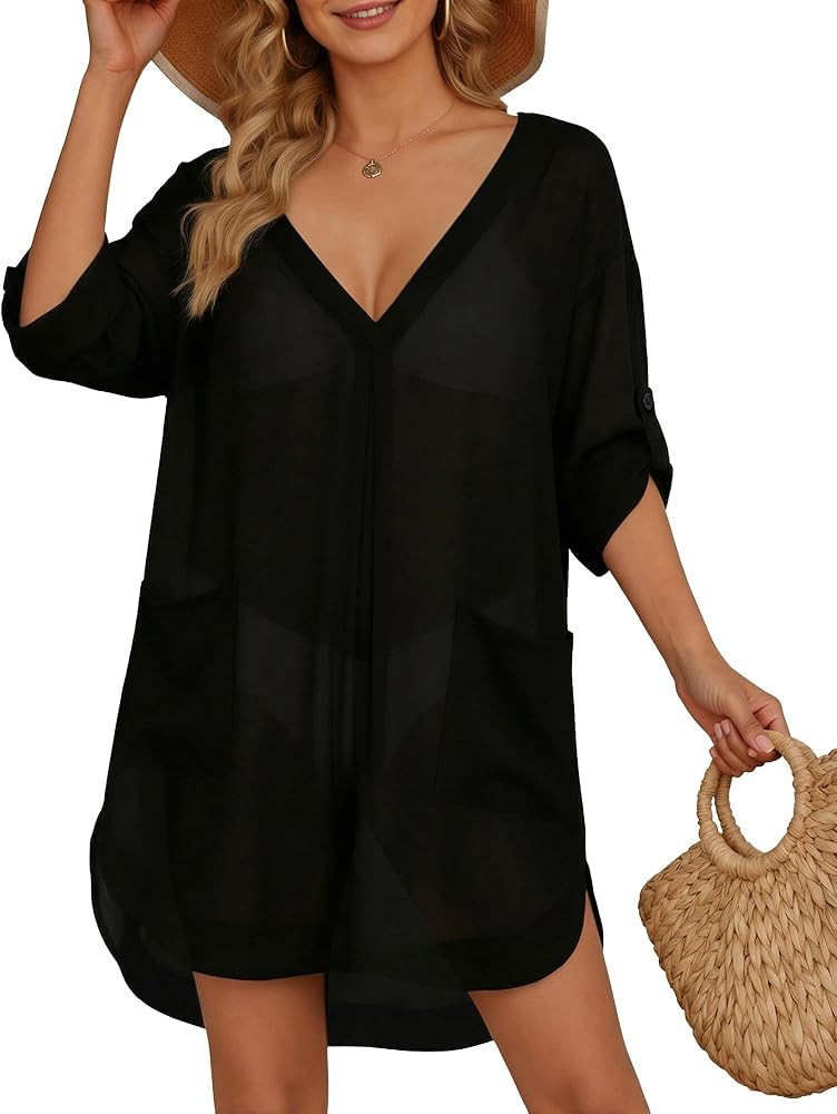 MANGOPOP Womens Swimsuit Cover Up Shirt V Neck 3/4 Sleeve Bathing Suit Coverup 2026 Summer Vacati... | Amazon (US)