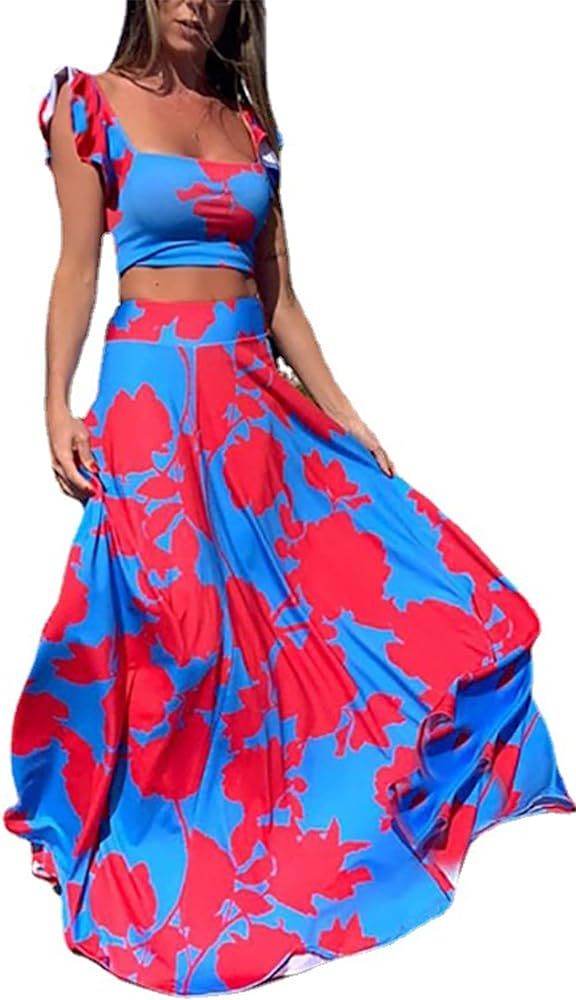 Vakkest Womens Summer Sexy 2 Pieces Outfits Ruffle Floral Tank Top Wrap Boho Tropical Long Skirt Set | Amazon (US)