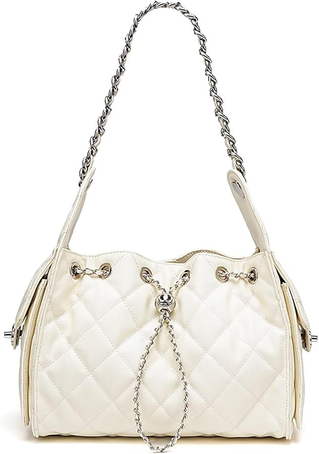 Women’s Quilted Leather Hobo Bag with Chain Strap Drawstring Shoulder Purse Elegant Crossbody H... | Amazon (US)