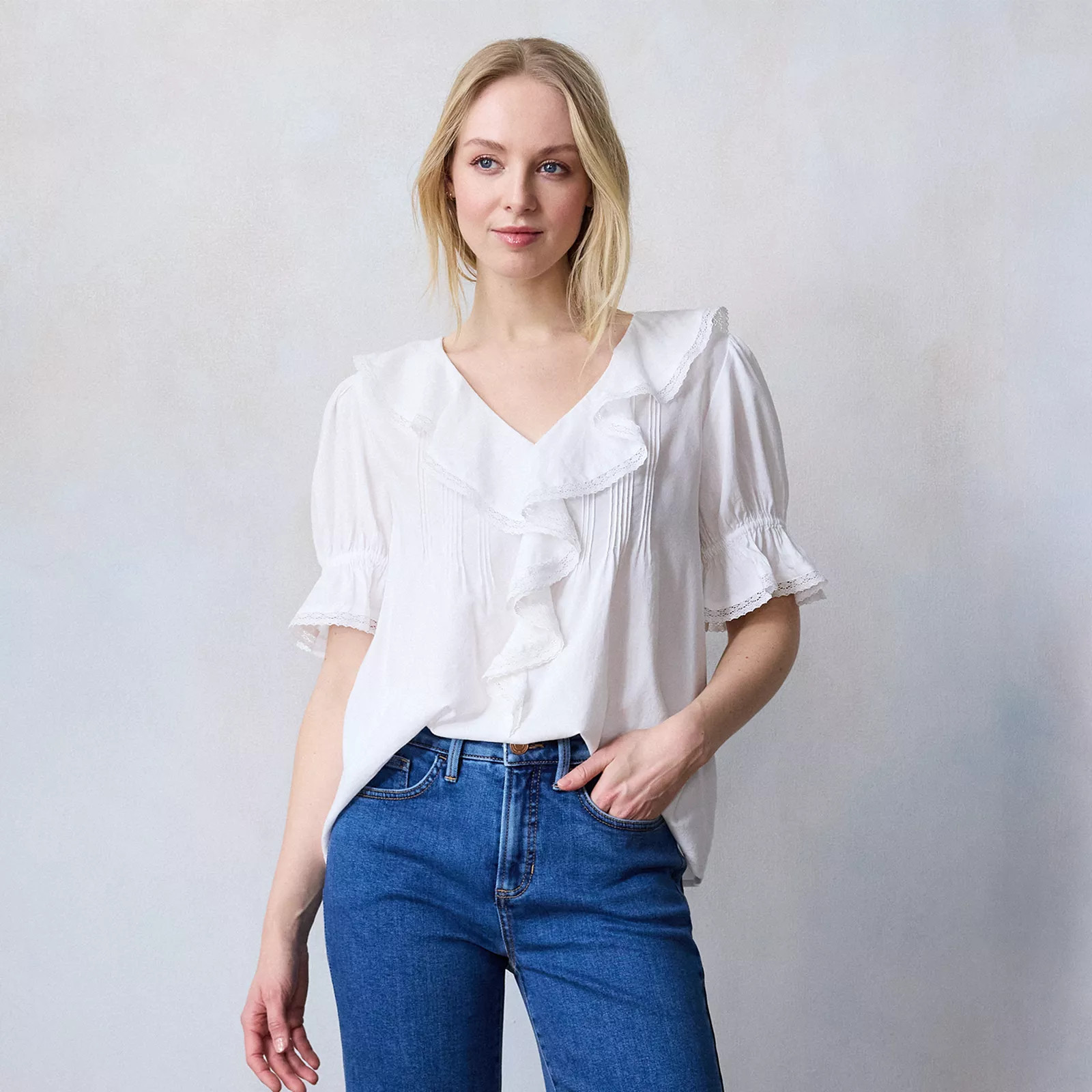 Women's LC Lauren Conrad Ruffle Front Blouse, Size: XS, Grey White | Kohl's