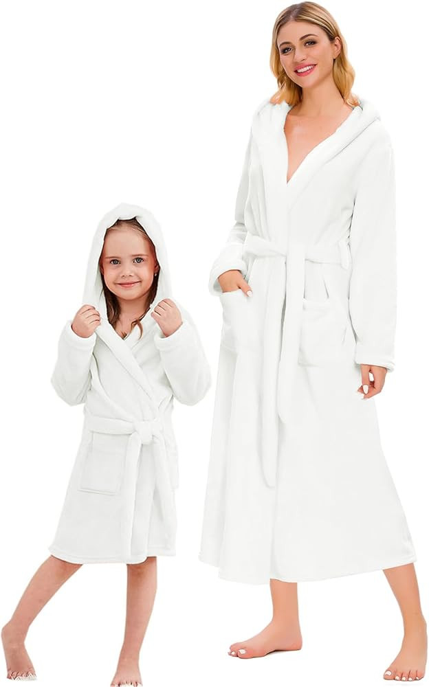 Umeyda Girls & Women Fleece Hooded Robes, Soft Fuzzy Bathrobe Warm Plush Fluffy Bath Robe for Kid... | Amazon (US)