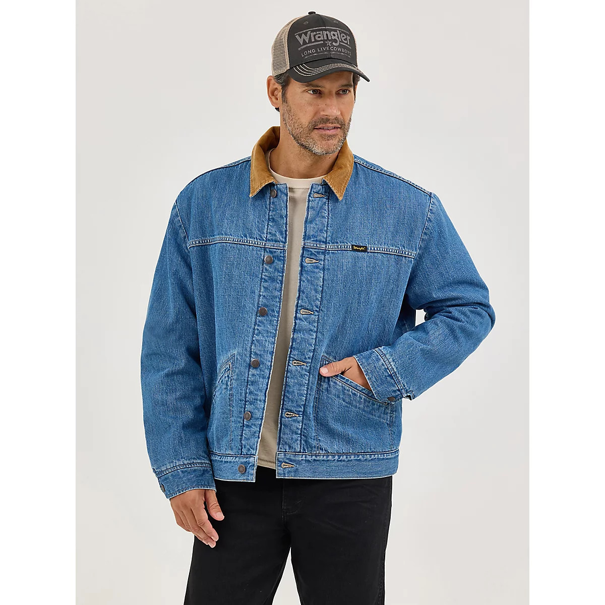 Men's Wrangler® Straight Yoke Sherpa Lined Denim Jacket in Antique Indigo | Wrangler