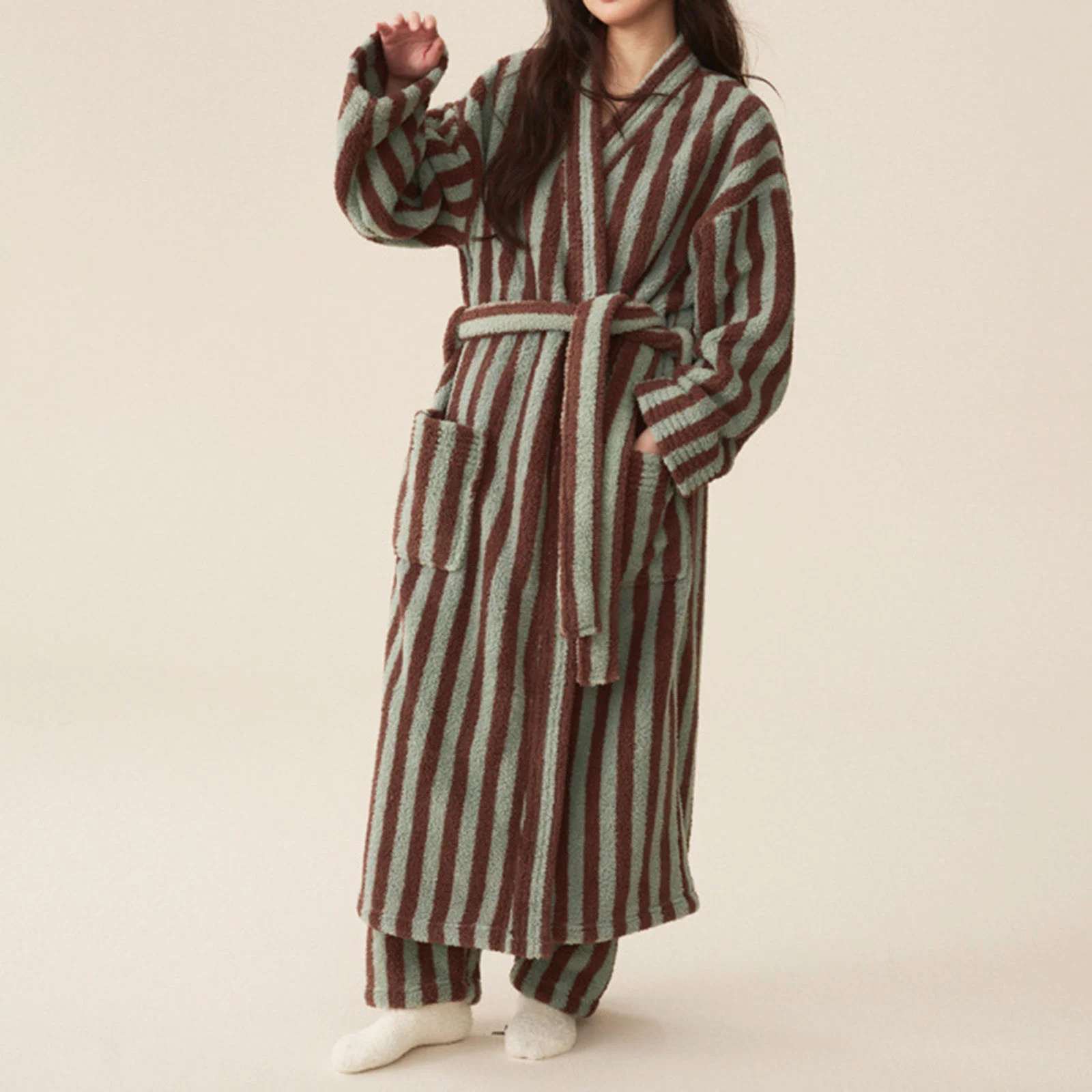 Women's Fuzzy Fleece Long Robes Striped Soft Warm Thickened Oversized V Neck Loungewear Maxi Bath... | Walmart (US)
