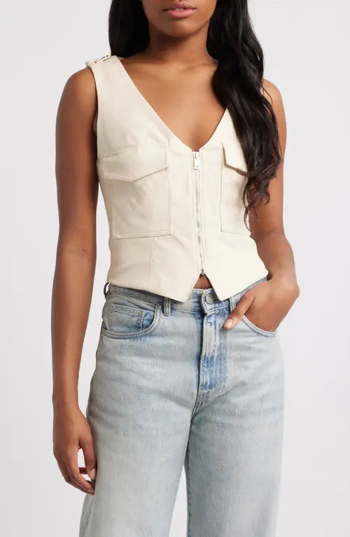 Mistress Rocks Faux Leather Paneled Cotton Zip Vest in Cream at Nordstrom, Size Small | Nordstrom