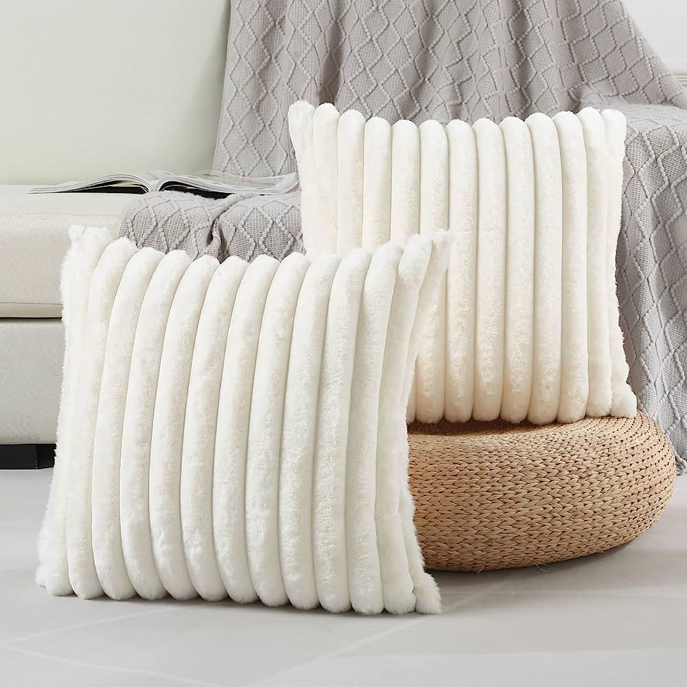Cream White Striped Decorative Throw Pillow Covers 18x18 Inch Set of 2,Square Spring Decorations ... | Amazon (US)