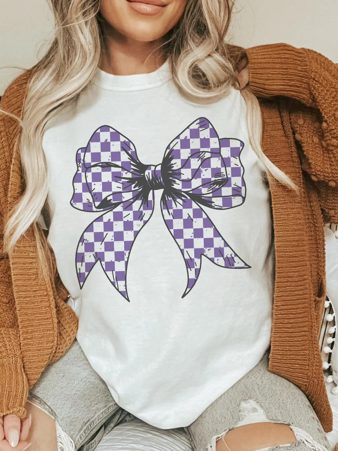 Purple Checkered Coquette Bow Tshirt, Purpl School Colors Bow Game Day, Cuts School Color Tshirt,... | Etsy (US)