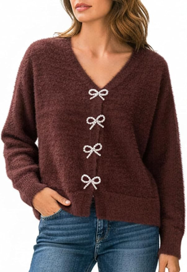 CUPSHE Women's Long Sleeve Knit Cardigan Bow Buttons Lightweight Open Front Sweater Fall Winter C... | Amazon (US)