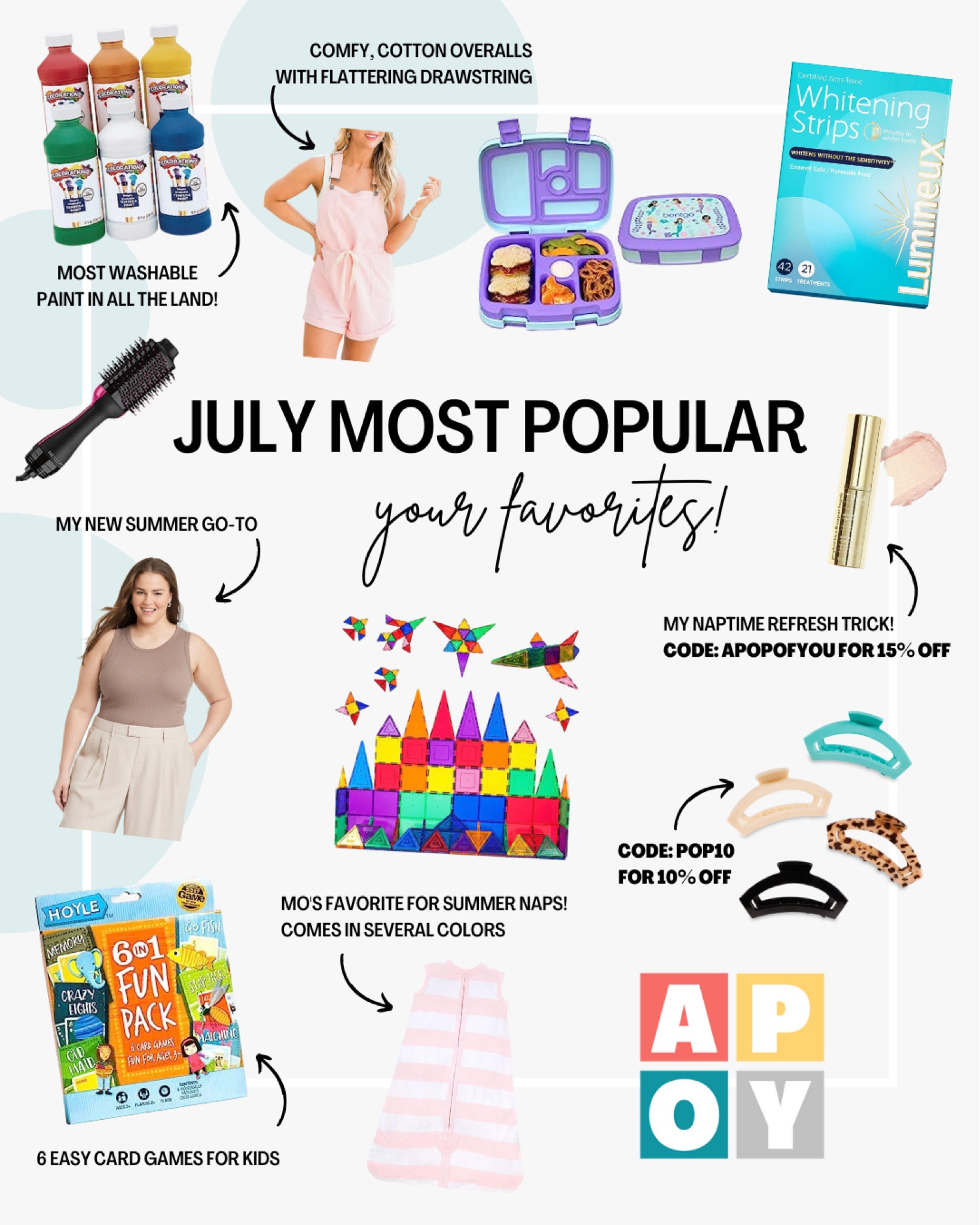 A roundup of follower favorites from July including the most washable paint ever, the most convenient Bentgo lunchboxes for kids, Picasso magnetic tiles that are STILL ON SALE from Prime Day, and Roo’s favorite card games. Were you here to listen to her say “spa-ghetto”??🦟 😆

For moms, your favorites were these adorable and ultra-comfy pink cotton overalls from Amazon, Lumineux’s non-toxic teeth whitening strips, Tula’s gold glow + get it eye brightening stick (code APOPOFYOU for 15% off), and Teleties new open hair clips (code POP10 for 10% off)! 👏🏼 Plus, we can’t forget the Revlon hot air brush that works literal wonders and my new favorite ribbed tanks from Target!

And you guys loved little Mo’s Burt’s Bees .5 tog sleep sack. She does too! It’s available in SO many different colors and patterns 🙌🏼

#LTKfamily #LTKunder50 #LTKFind