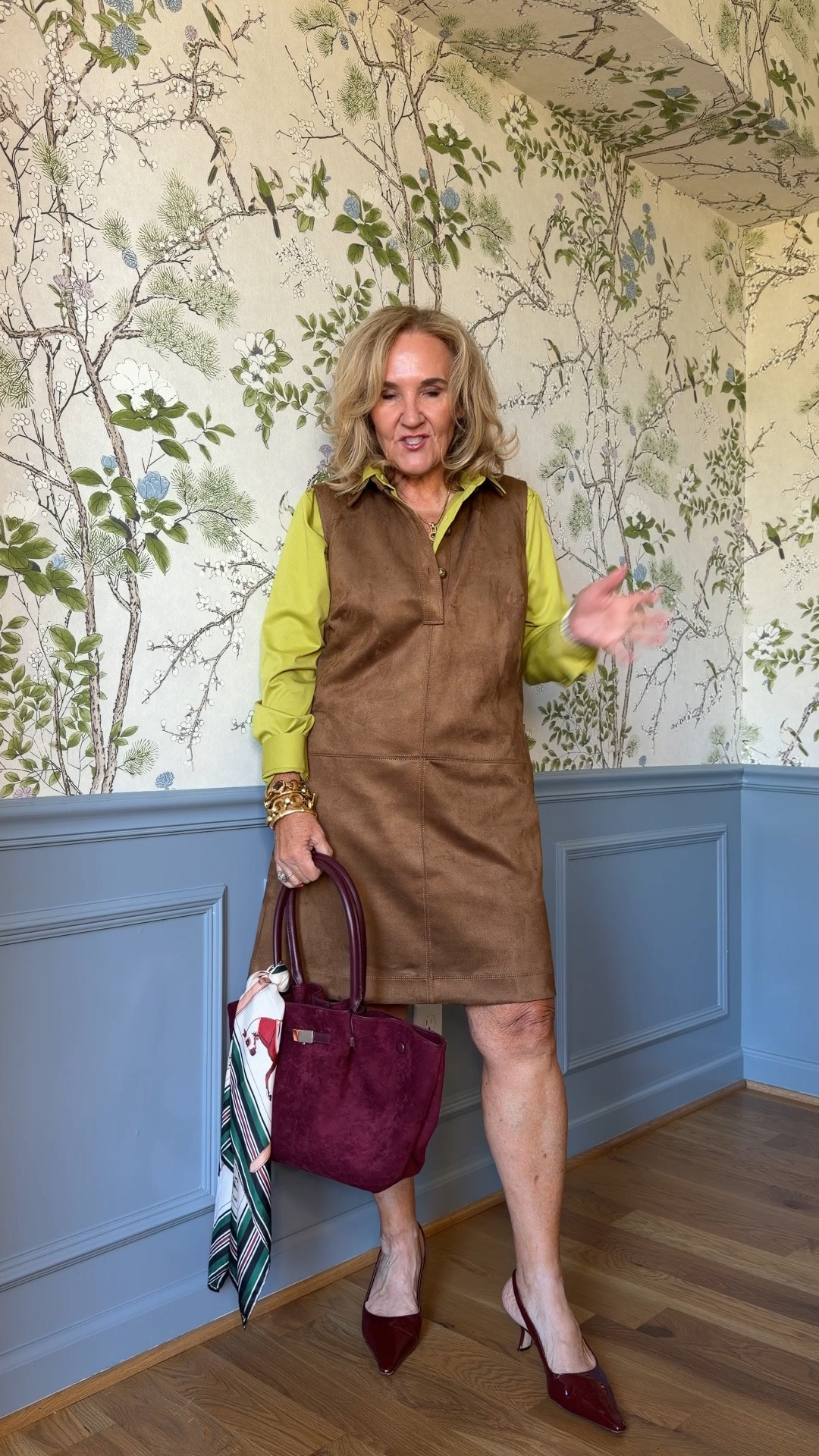 Dress size med
Blouse get your reg size I sized up and should not have. This is the large 
These slingbacks are such a beautiful show. I do size up a half.. 

Fall dress, suede dress, hot fall work outfit office outfit

#LTKOver40 #LTKMidsize #LTKWorkwear

#LTKPetite #LTKootd