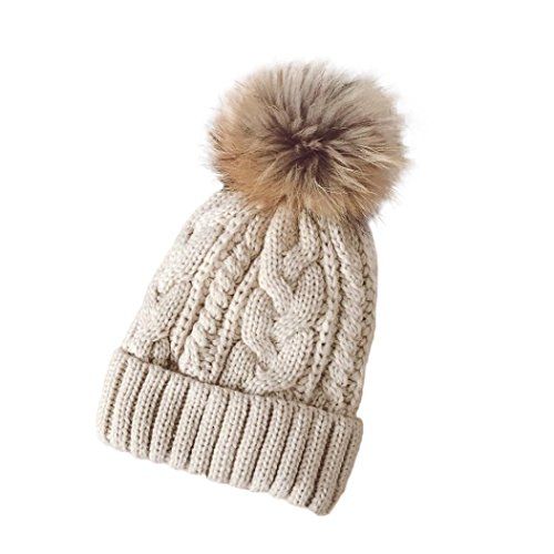 Fheaven Womens Girls Crochet Knitted Fur Hat Real Large Raccoon Fur Pom Pom Beanie Hats (Beige) | Amazon (US)