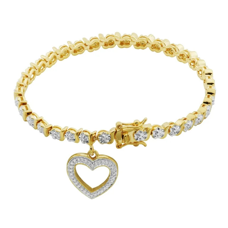 Forever Facets Women's 18K Yellow Gold Plated Diamond Accent Open Heart Charm Tennis Bracelet, 7.... | Walmart (US)